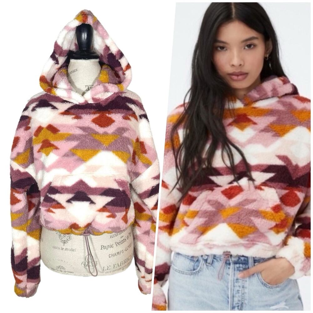 Aeropostale | Women | Aztec Pink Fluffy Sherpa Fleece Cinch Hoodie | Medium